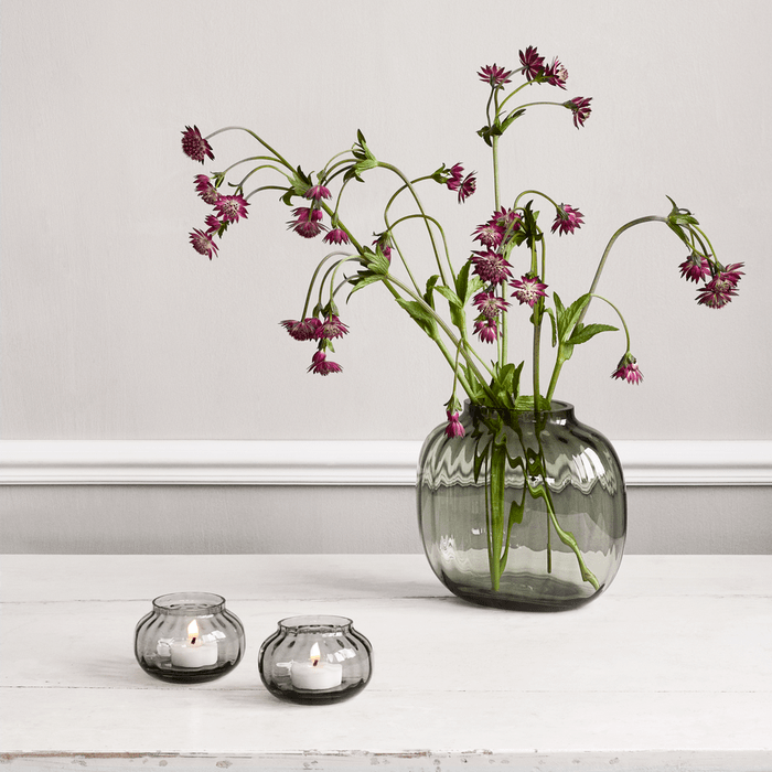 Medium Danish Holmegaard Primula Oval Vase by Jacob E. Bang, 6.9-inch mouth-blown glass with fluted pattern in Smoke.