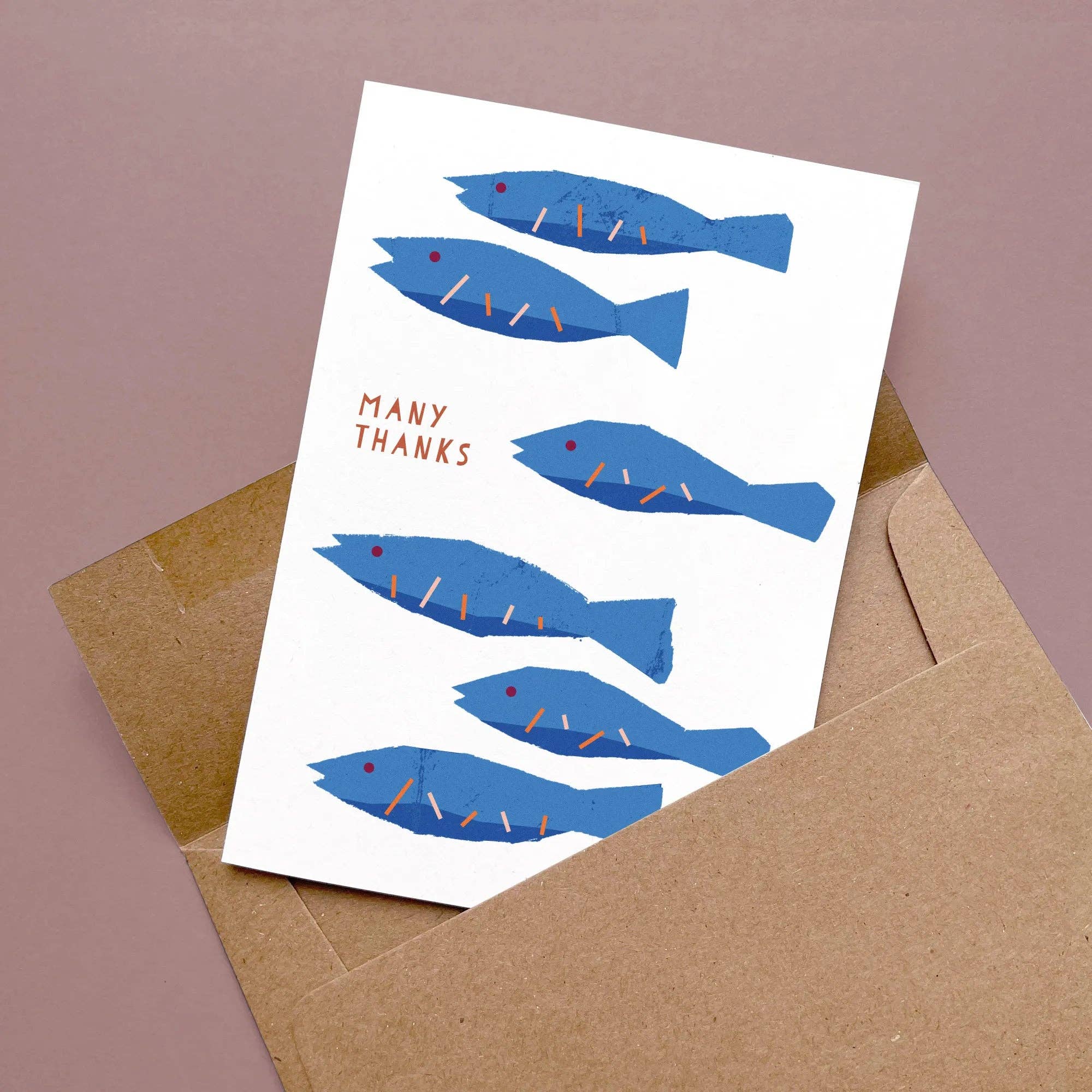 Fish Many Thanks Card by Kautzi Illustrations featuring a school of stylized blue fish with “Many Thanks” text.