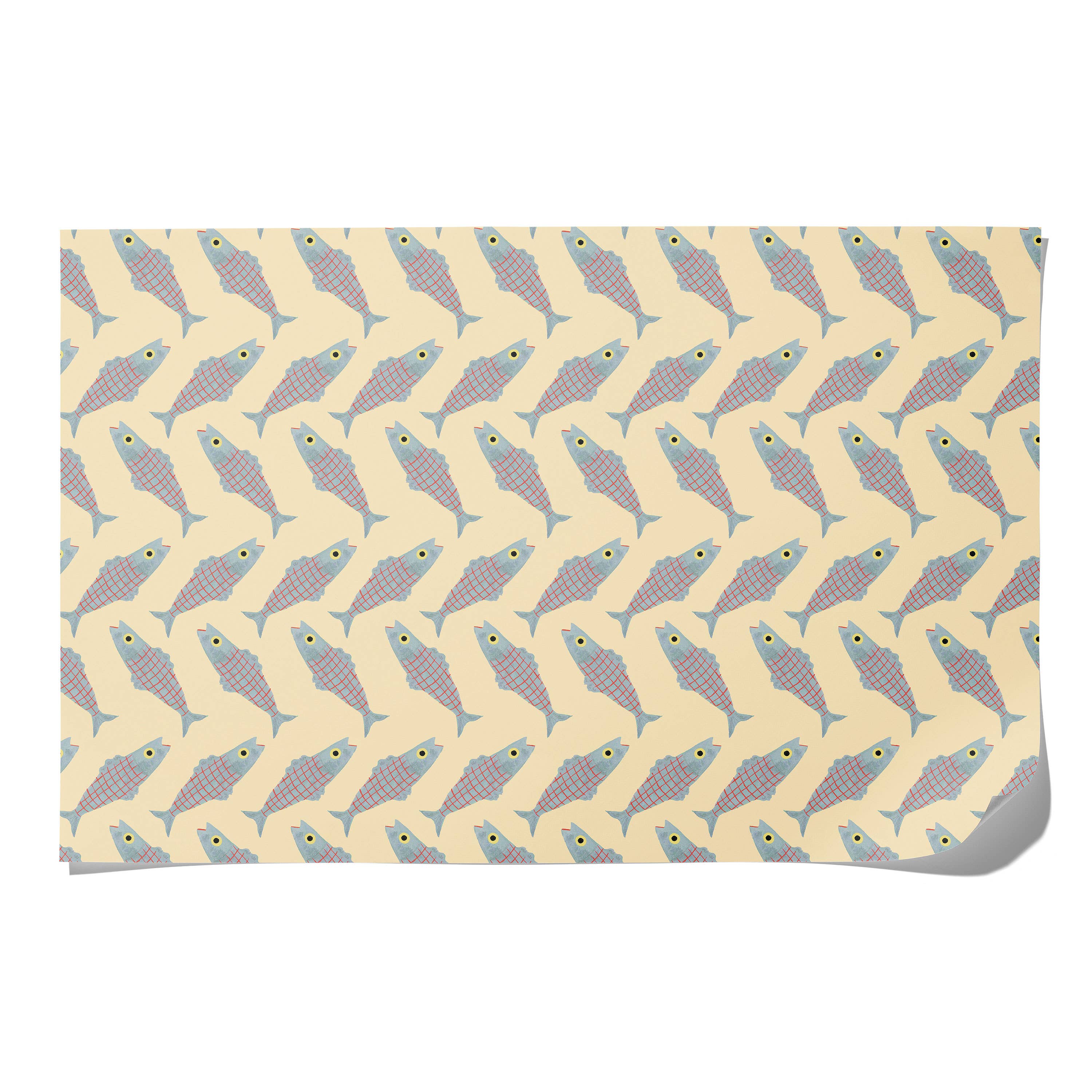 Red Cap Cards Herring Gift Wrap, set of 3 recycled 19 × 27 inch sheets illustrated by Emily Isabella, rolled in cellophane without core.