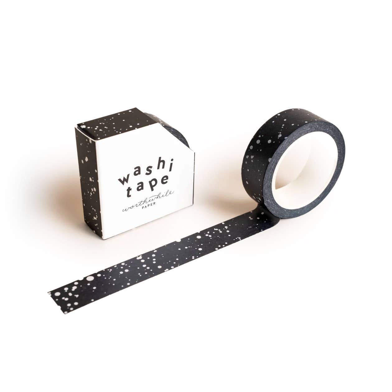 Worthwhile Paper Splatter Washi Tape with a black-and-white paint splatter pattern and matching recyclable storage box.