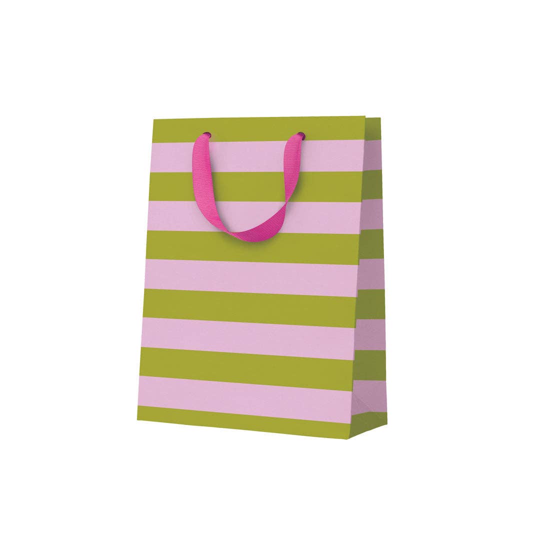 Ohh Deer Green & Pink Stripe Medium Gift Bag with bold green and pink striped design and carrying handles.