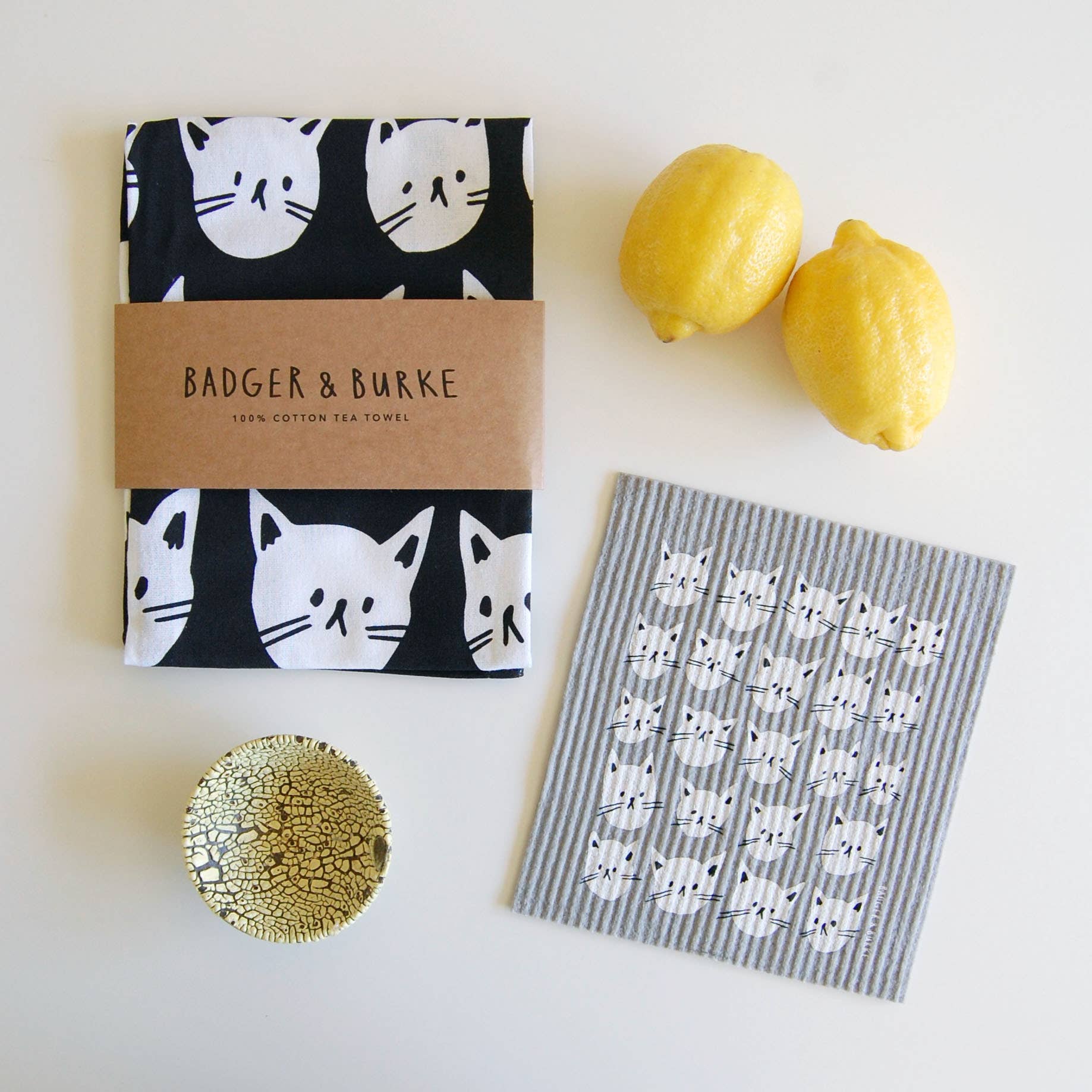 Badger & Burke Many Cats Swedish Dishcloth in black and white cat pattern, reusable and compostable.
