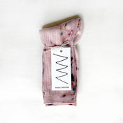Maplewood Hand-Dyed Dressy Socks by Merle Works in soft blush pink with colorful hand-dyed speckles, ribbed cotton texture, and a lightweight crew-length design.