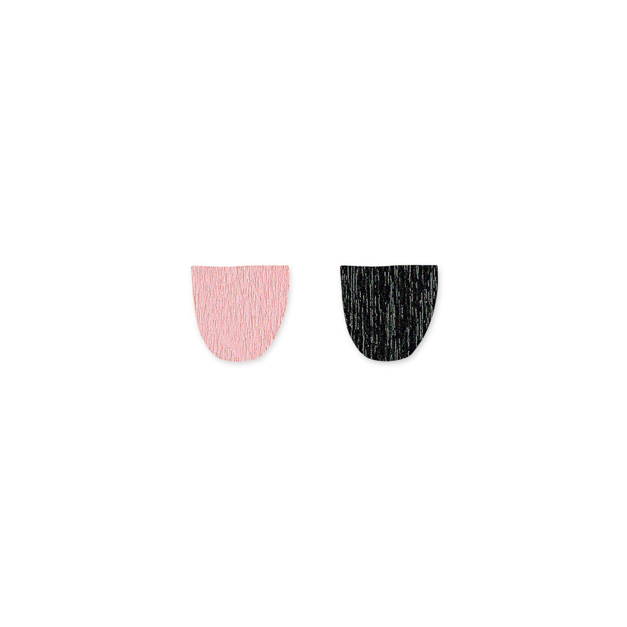 Mismatched black and pink polka-dot birch veneer earrings handmade in Finland.