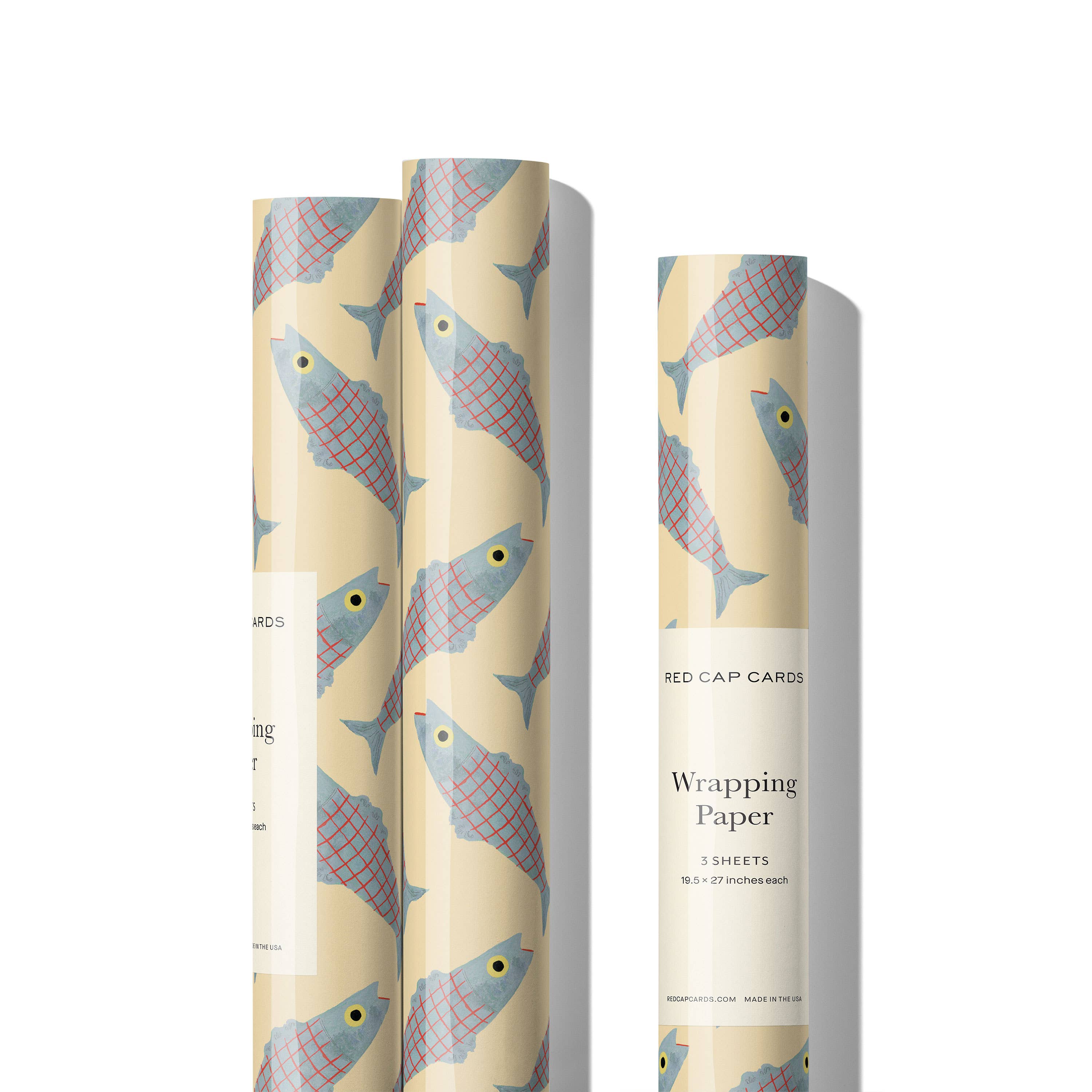 Red Cap Cards Herring Gift Wrap, set of 3 recycled 19 × 27 inch sheets illustrated by Emily Isabella, rolled in cellophane without core.