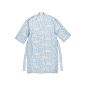 Sauna Robe by Kauniste in reversible cotton-linen jacquard with Riikka Laakso’s Finnish sauna, lake, and forest pattern.