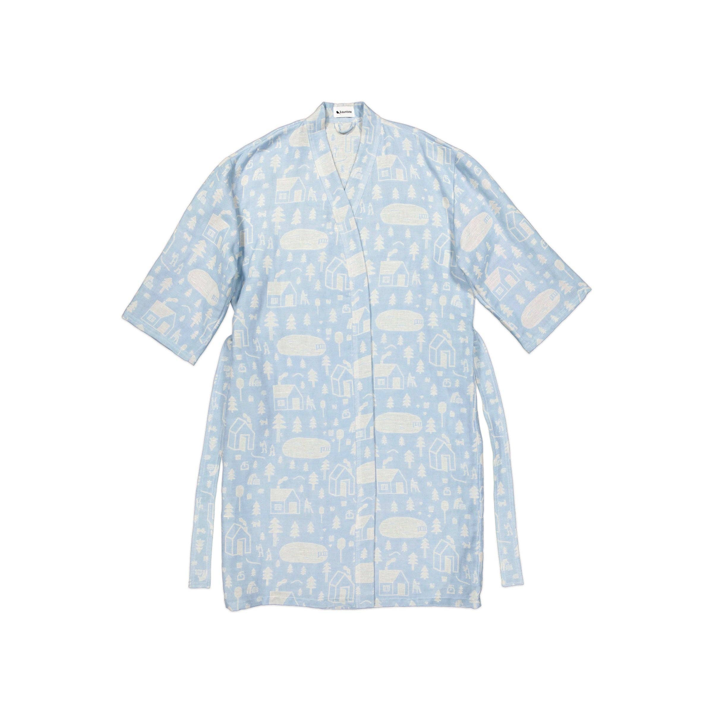 Sauna Robe by Kauniste in reversible cotton-linen jacquard with Riikka Laakso’s Finnish sauna, lake, and forest pattern.