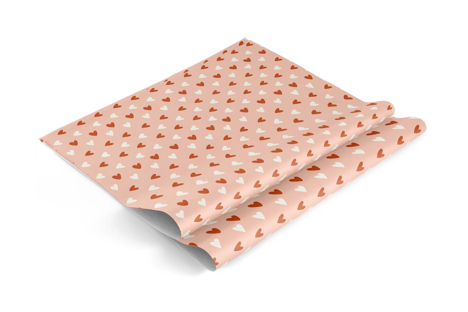 Hearts 2 Gift Wrap by Dahlia Press with pink and white heart pattern, shown wrapped around a gift and tied with a coordinating ribbon.