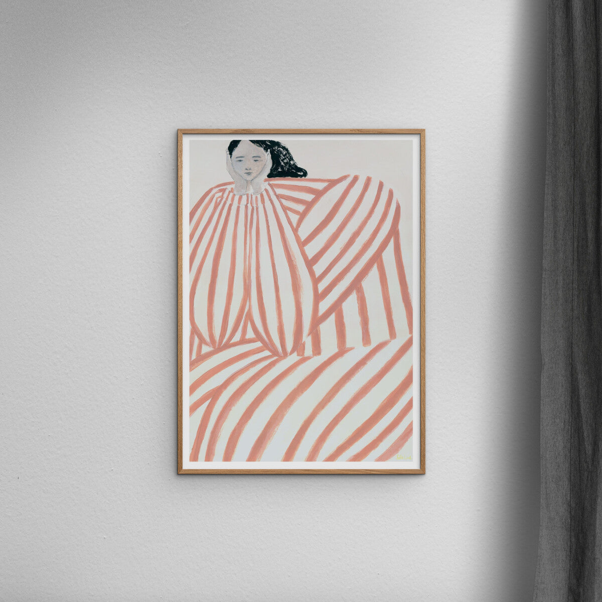 Poster & Frame Still Waiting Poster by Sofia Lind. 50 × 70 cm Scandinavian art print featuring muted colors, patterned background, and seated figure.