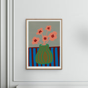 Poster & Frame Striped Vase with Pink Flowers Poster by Engberg Studio. 50 × 70 cm Scandinavian art print of bold striped vase topped with playful pink flowers.