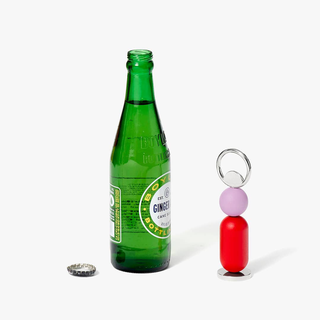 Areaware Abaco Bottle Opener with colorful wood beads on zinc alloy base, inspired by the abacus.
