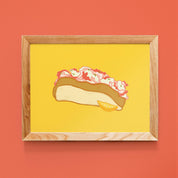 Lobster Roll Print by Little Something Co. featuring an illustrated Maine lobster roll with lemon wedge on a bright yellow background.
