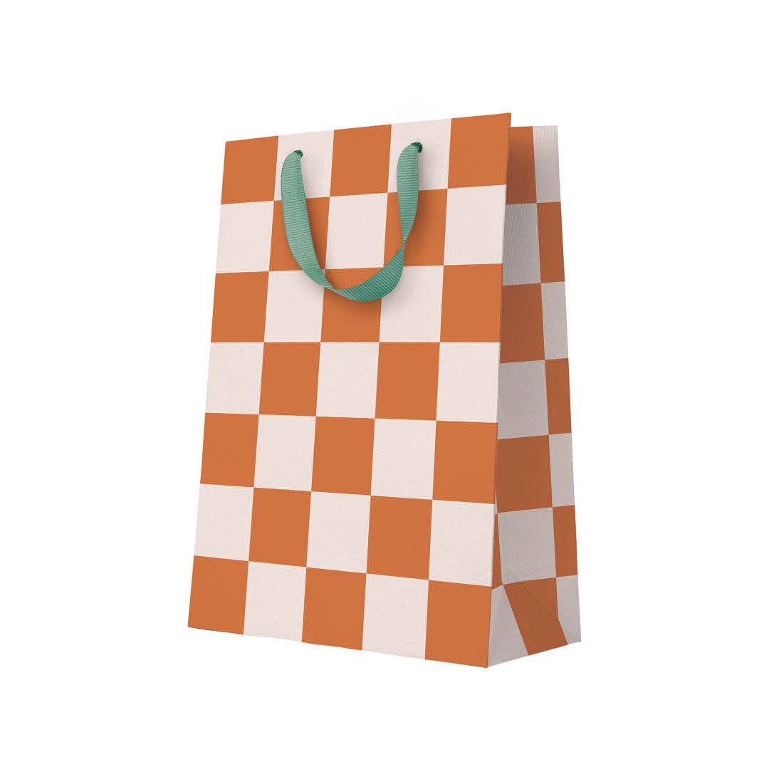Ohh Deer Burnt Sienna Checkerboard Large Gift Bag with bold burnt sienna and cream check pattern.