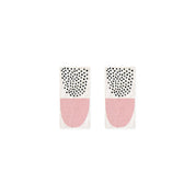 Kauniste Sokeri Big Earrings in pink and black polka-dot birch veneer, handmade in Finland.