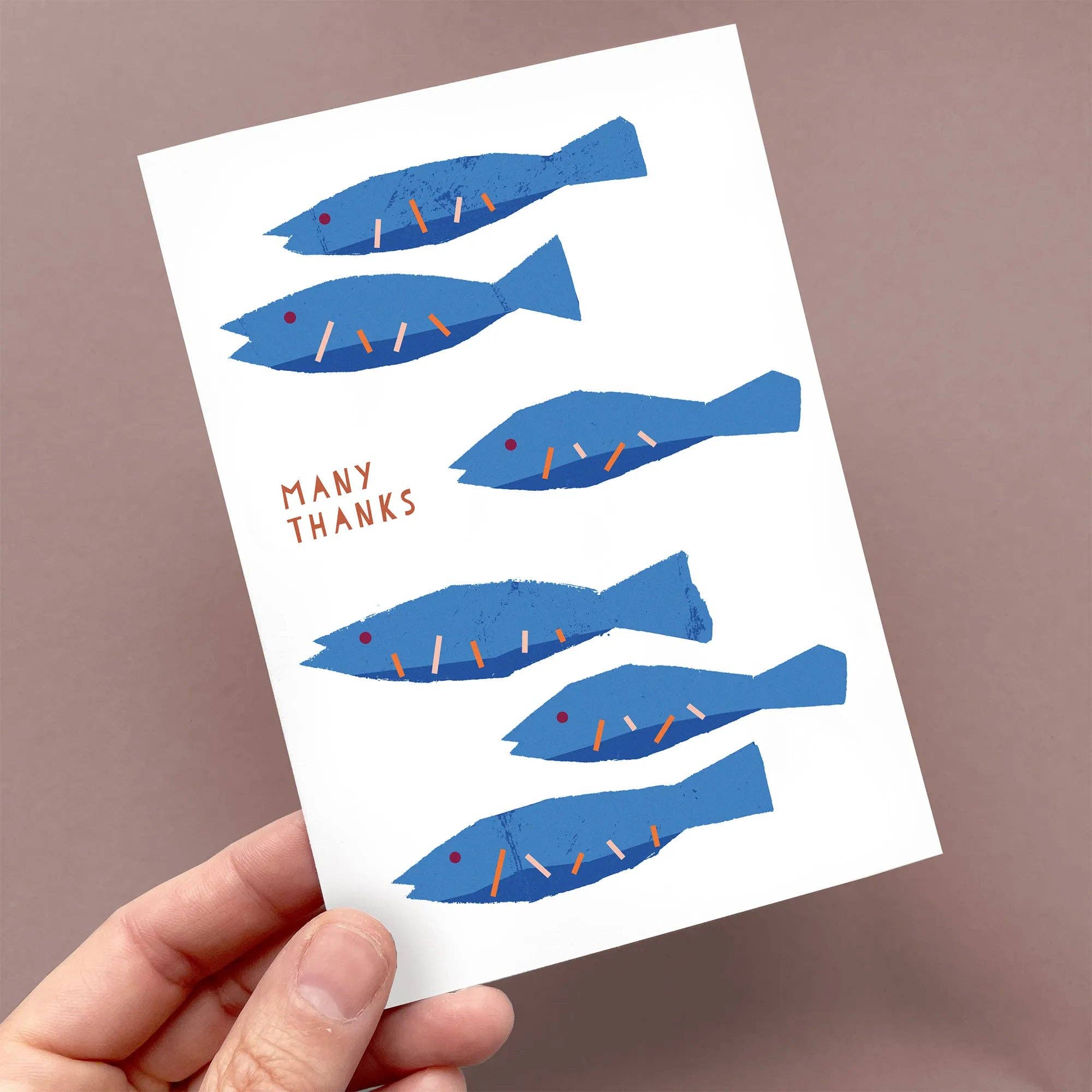 Fish Many Thanks Card by Kautzi Illustrations featuring a school of stylized blue fish with “Many Thanks” text.
