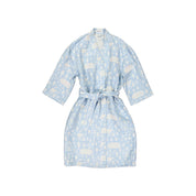 Sauna Robe by Kauniste in reversible cotton-linen jacquard with Riikka Laakso’s Finnish sauna, lake, and forest pattern.