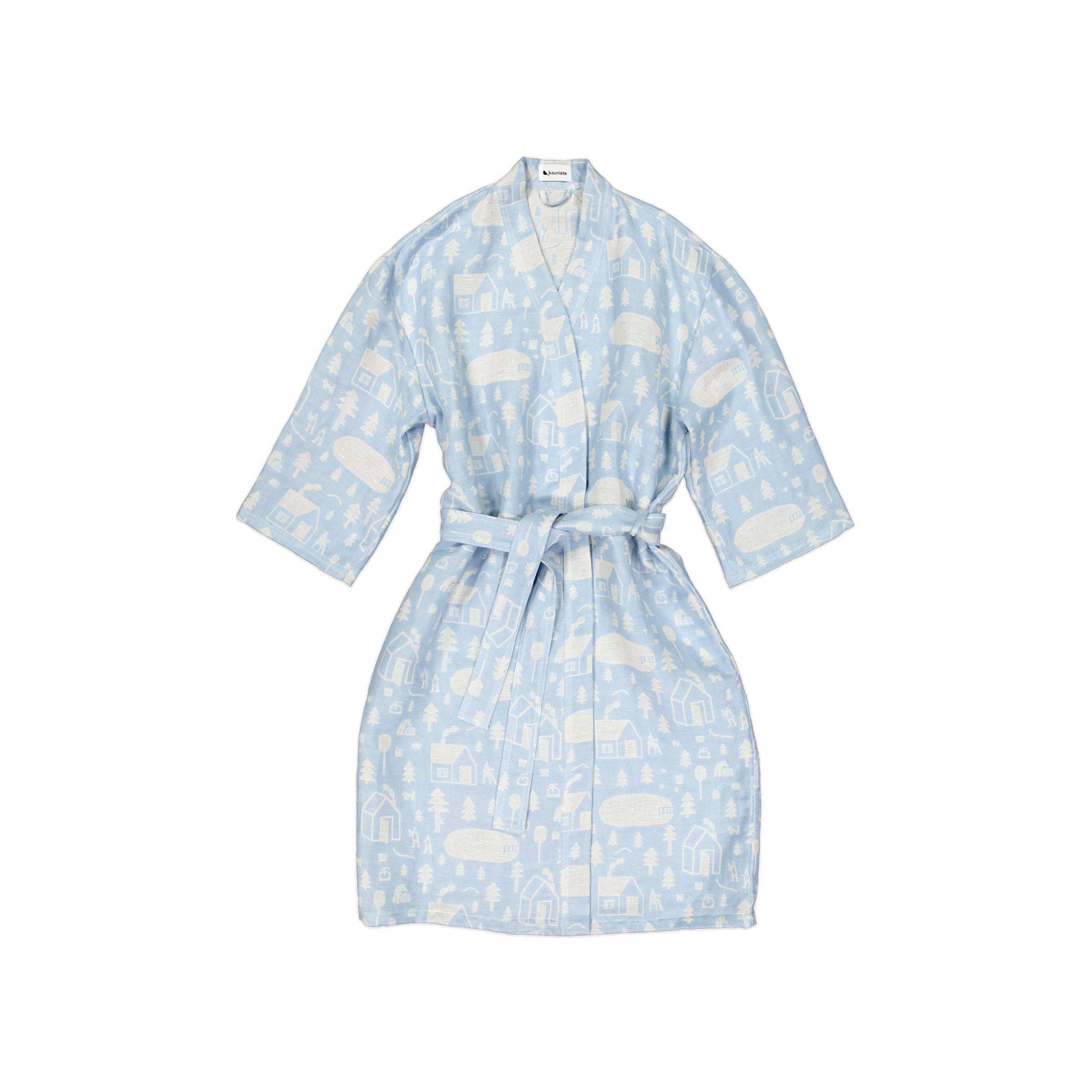 Sauna Robe by Kauniste in reversible cotton-linen jacquard with Riikka Laakso’s Finnish sauna, lake, and forest pattern.