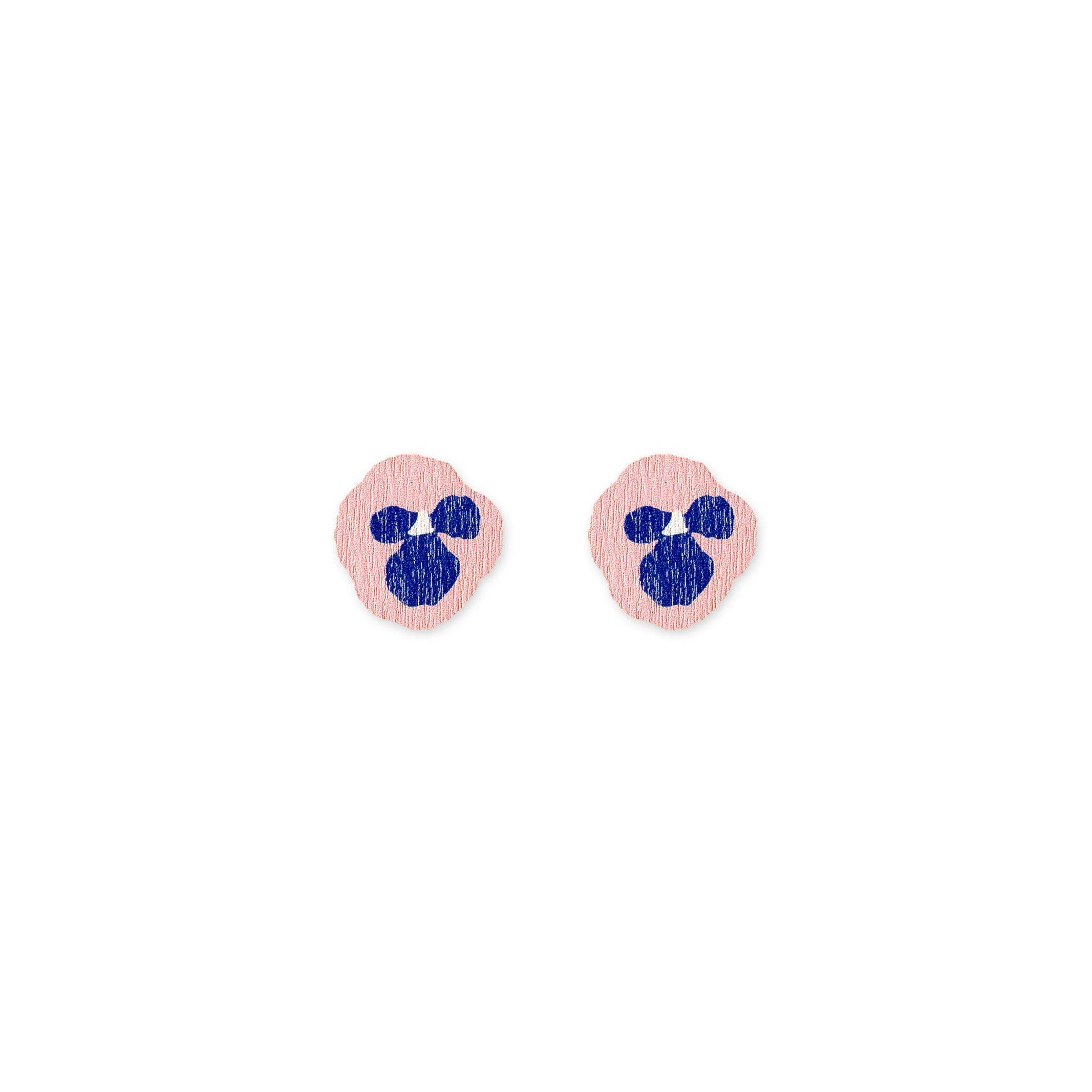 Kauniste Orvokki Earrings in blue and pink floral birch veneer, handmade in Finland with stainless steel posts.