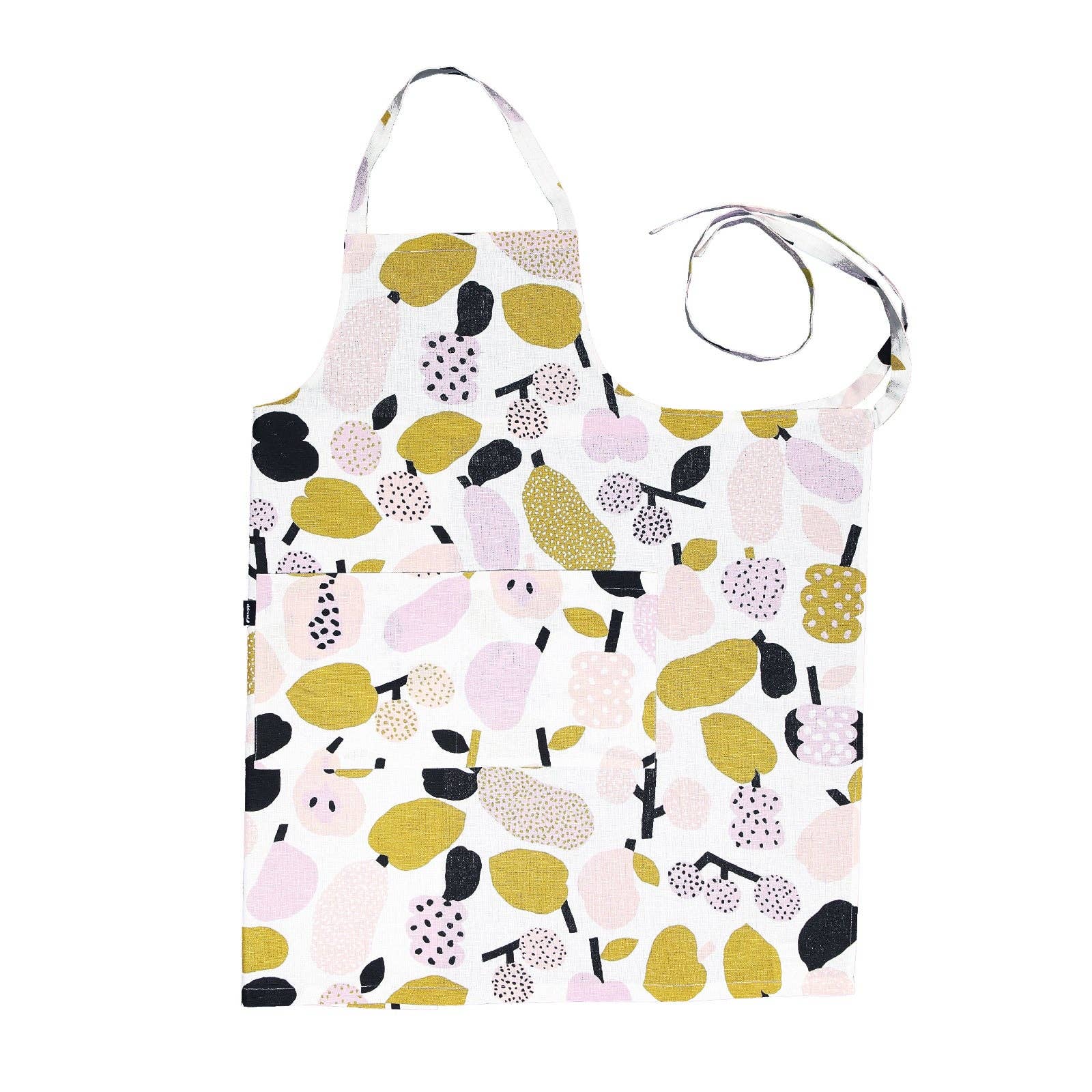Olive green fruit-pattern linen-cotton apron by Hannele Äijälä.