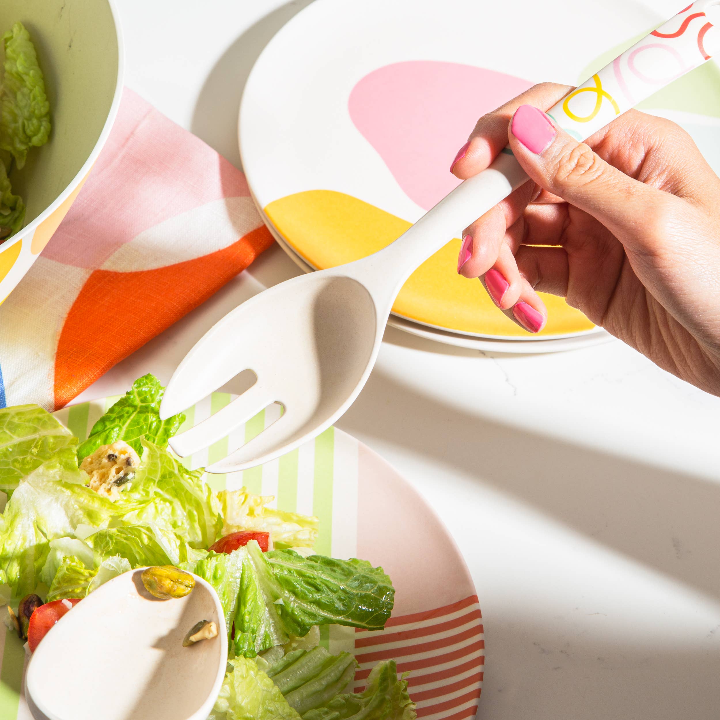 Poketo Bamboo Salad Plates in Boulders print, set of 4 reusable eco-friendly plates made from bamboo fiber. Dishwasher safe and biodegradable.