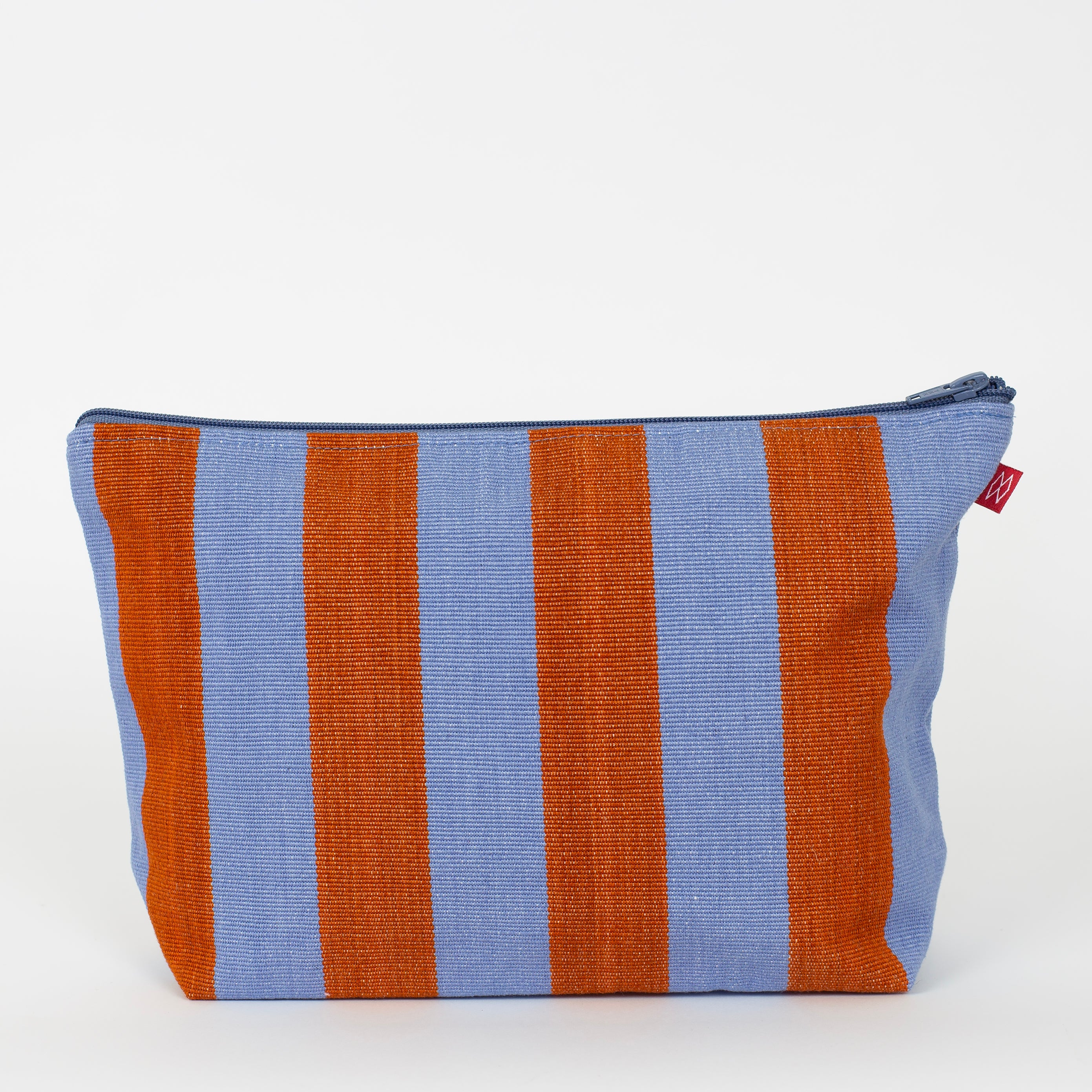 Carla Toilet Bag by A World of Craft in blue and brown handwoven cotton stripes with nylon lining, Fair Trade handmade in Guatemala.