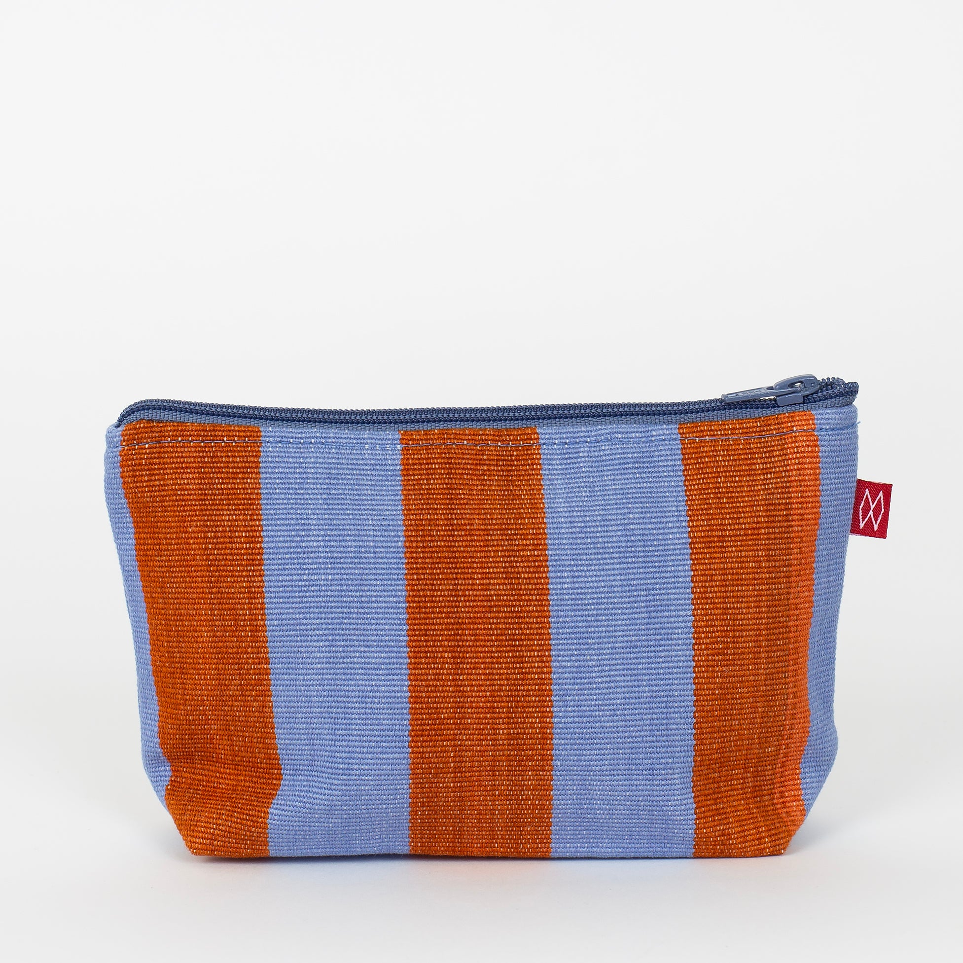 Carla Toilet Bag by A World of Craft in blue and brown handwoven cotton stripes with nylon lining, Fair Trade handmade in Guatemala.