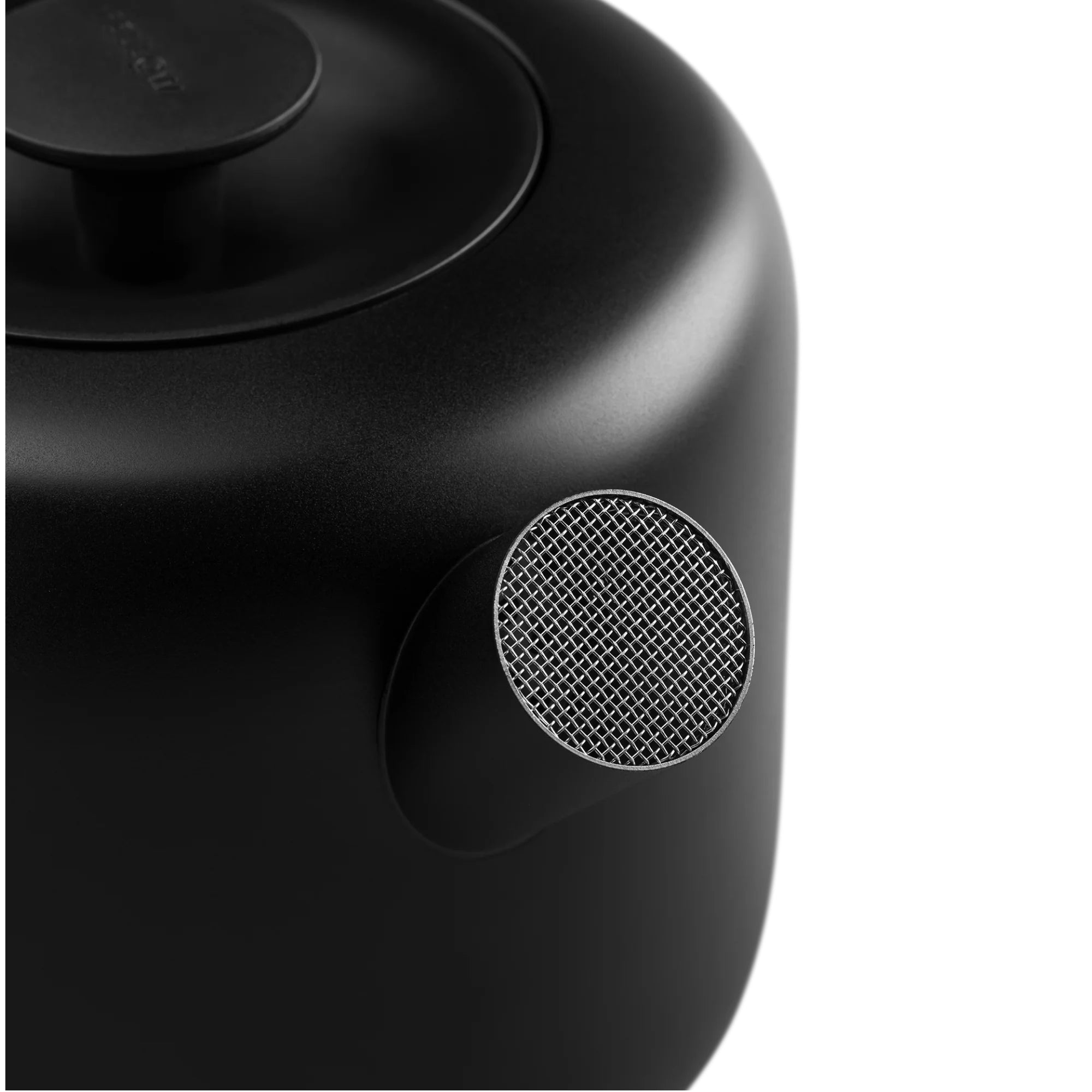 Fellow Clyde Electric Kettle in matte black stainless steel with wide mesh spout and silicone handle.