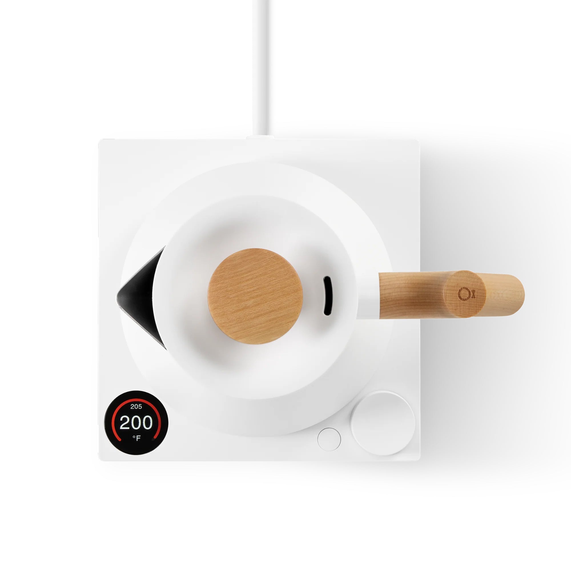 Fellow Corvo EKG Pro Electric Kettle in matte white with maple, 0.9 L stainless steel body with precision temperature control and full-color LCD screen.