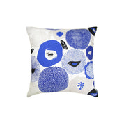 Blue floral and bird-pattern linen-cotton cushion cover by Matti Pikkujämsä, 18.5" square.