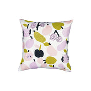 Olive green fruit-pattern linen-cotton cushion cover by Hannele Äijälä, 18.5" square.