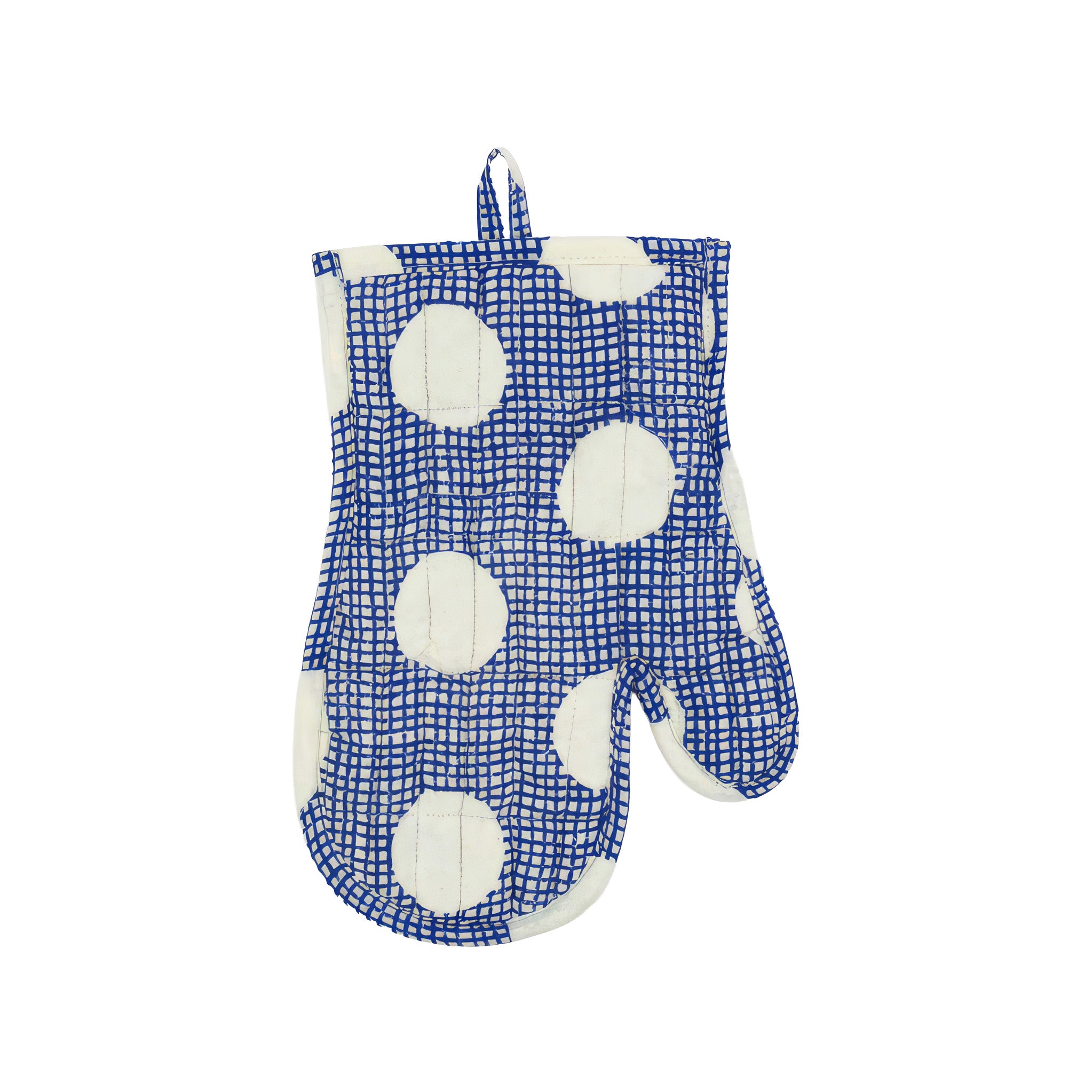 Astrid Oven Mitt by A World of Craft featuring sketchy cobalt blue checks and oversized dots on natural cotton, bringing a cheerful dose of pattern to everyday kitchen adventures.