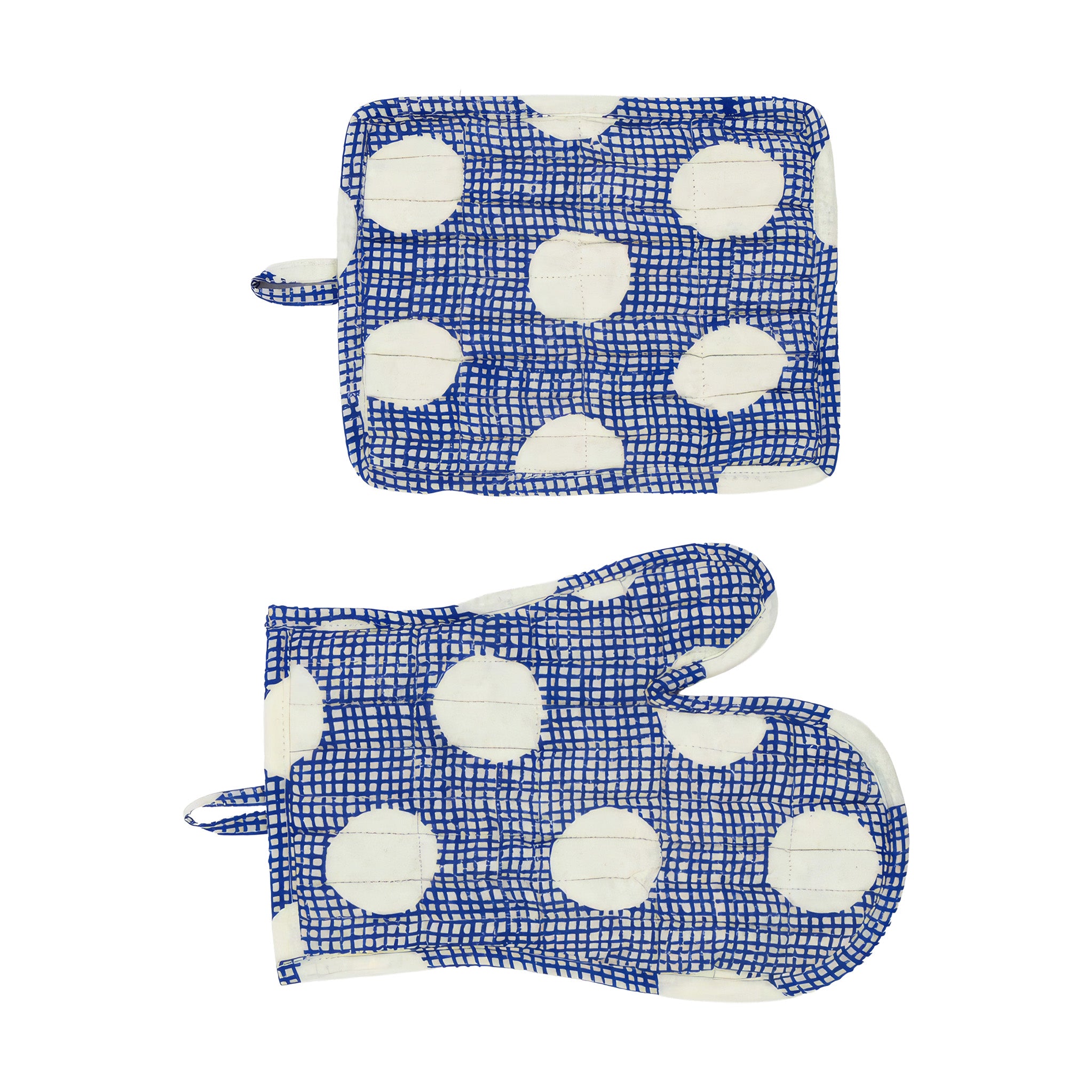 Astrid Oven Mitt & Pot Holder by A World of Craft featuring sketchy cobalt blue checks and oversized dots on natural cotton, bringing a cheerful dose of pattern to everyday kitchen adventures.
