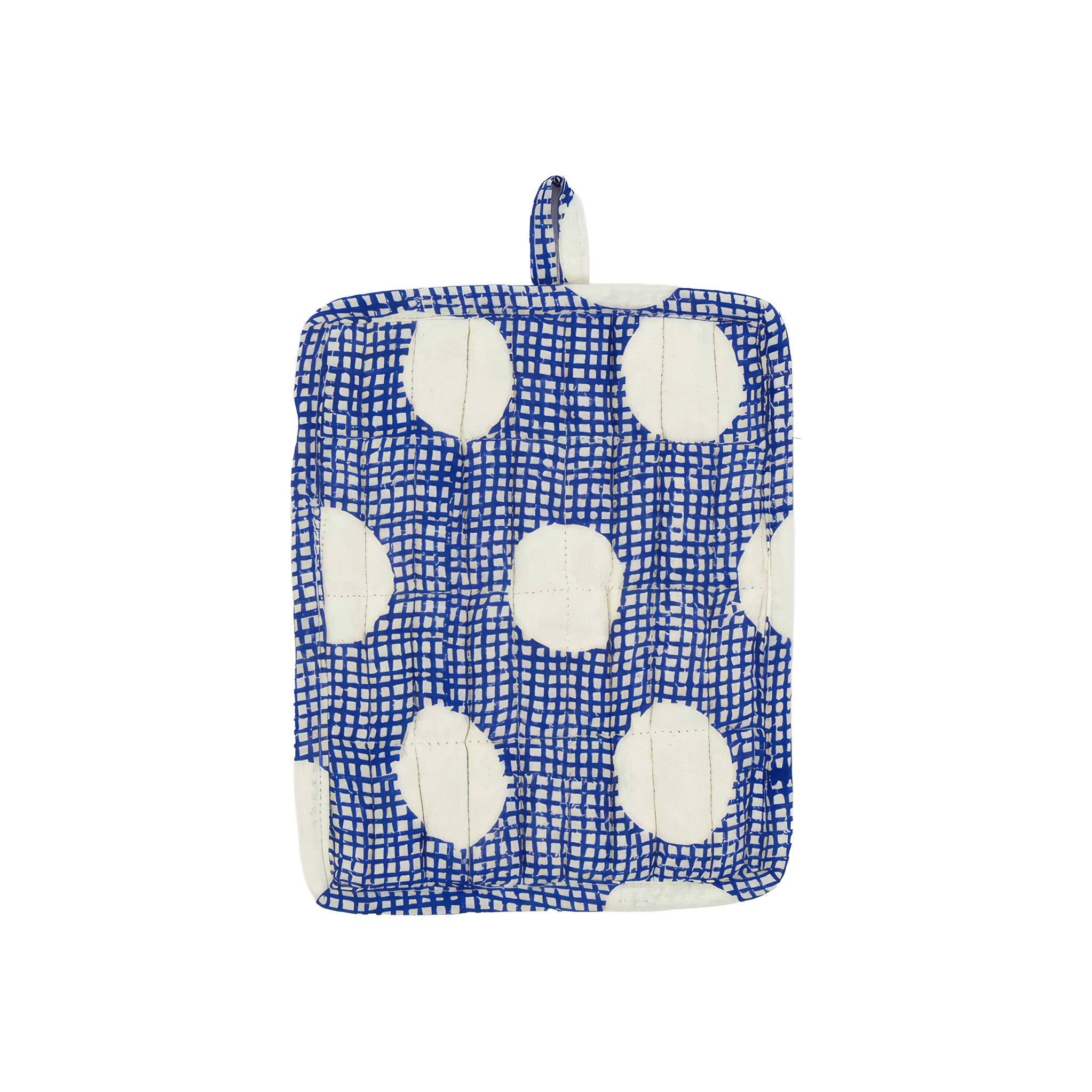 Astrid OPot Holder by A World of Craft featuring sketchy cobalt blue checks and oversized dots on natural cotton, bringing a cheerful dose of pattern to everyday kitchen adventures.