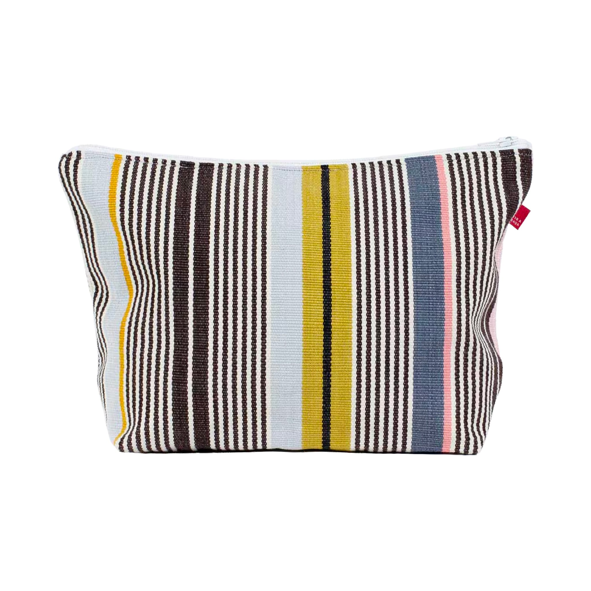 Belloma Zipper Bag by A World of Craft in colorful woven stripes, shown in medium.