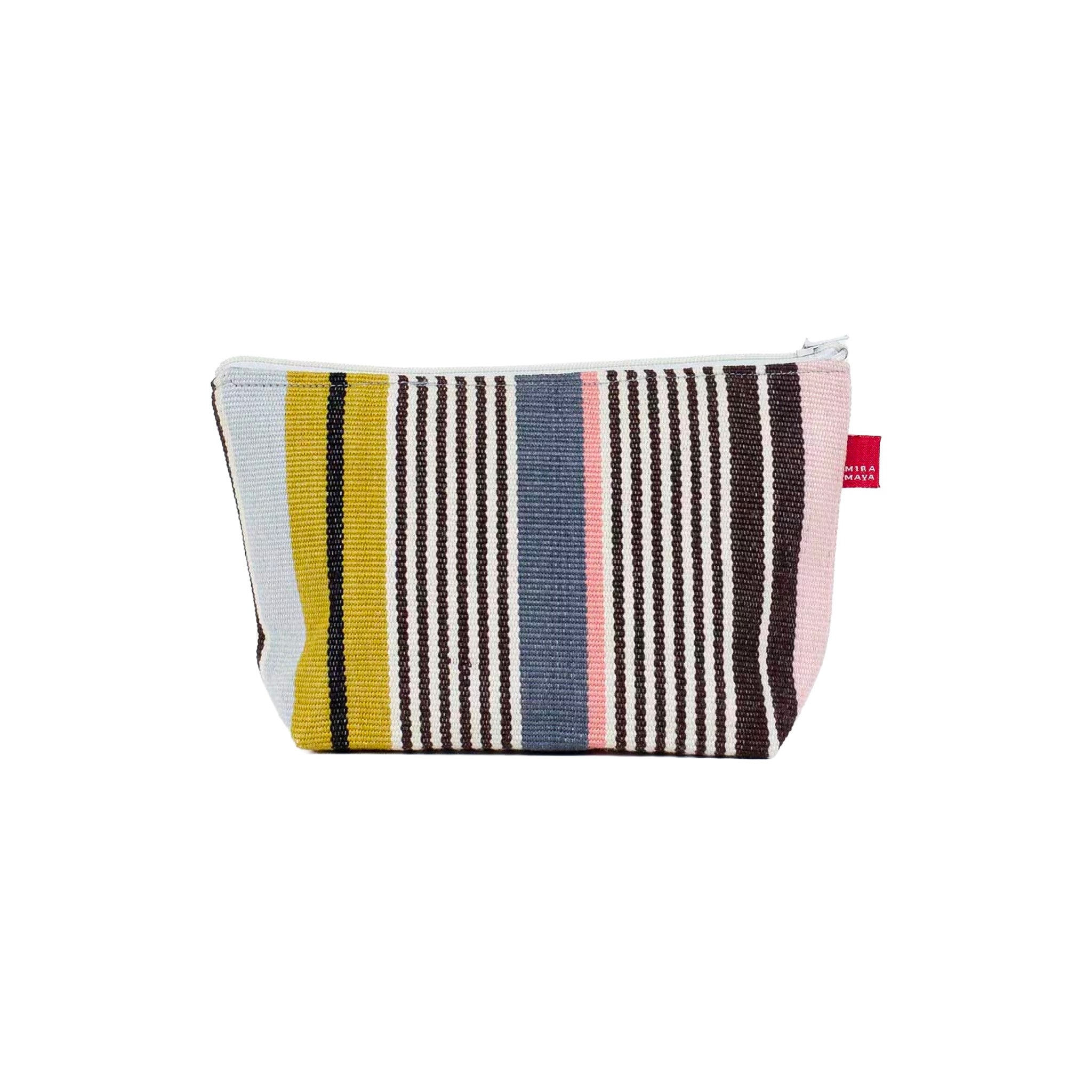 Belloma Zipper Bag by A World of Craft in colorful woven stripes, shown in small.