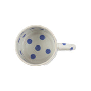 Blot Coffee Cup in matte light grey stoneware with glossy blue dots. Handmade in Nepal, fair trade.