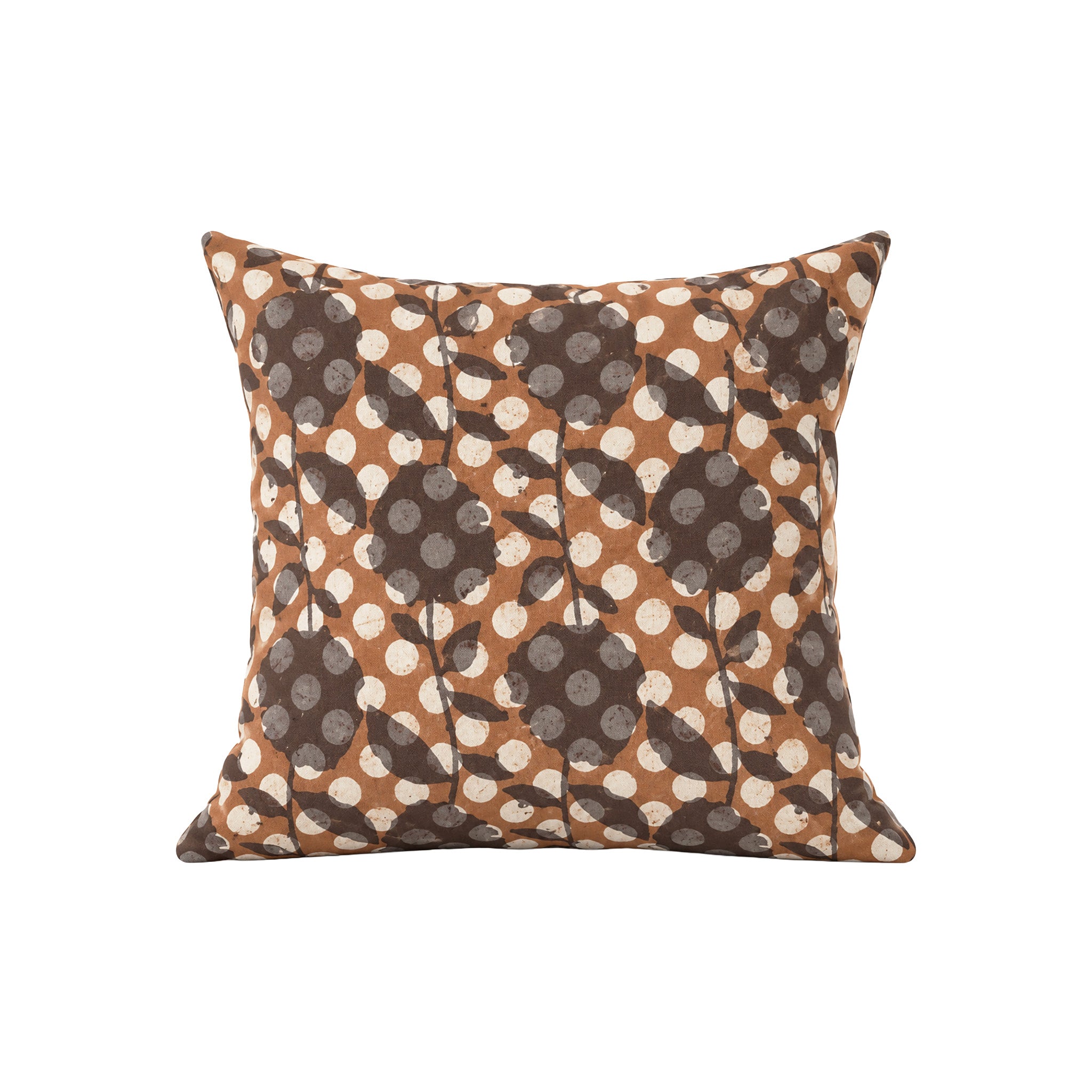 Climbing Rose Cushion Cover in warm brown with dark floral pattern, grey accents, and cream dots.