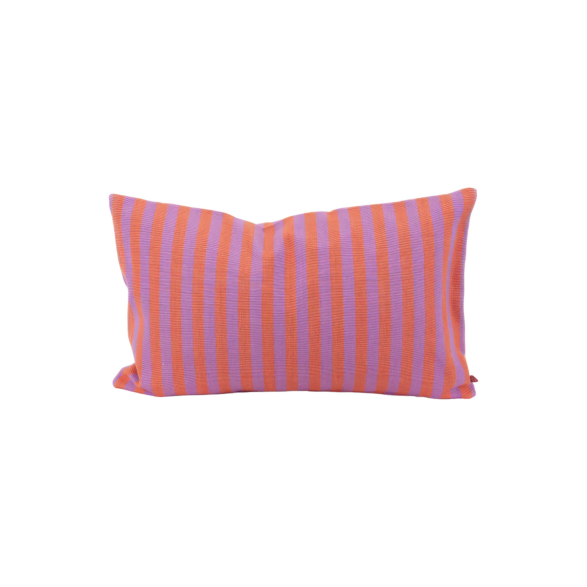 Diana Cushion Cover by A World of Craft with orange and lilac handwoven cotton stripes, Fair Trade made in Guatemala, shown as a rectangular 30 × 50 cm decorative pillow on a white background.