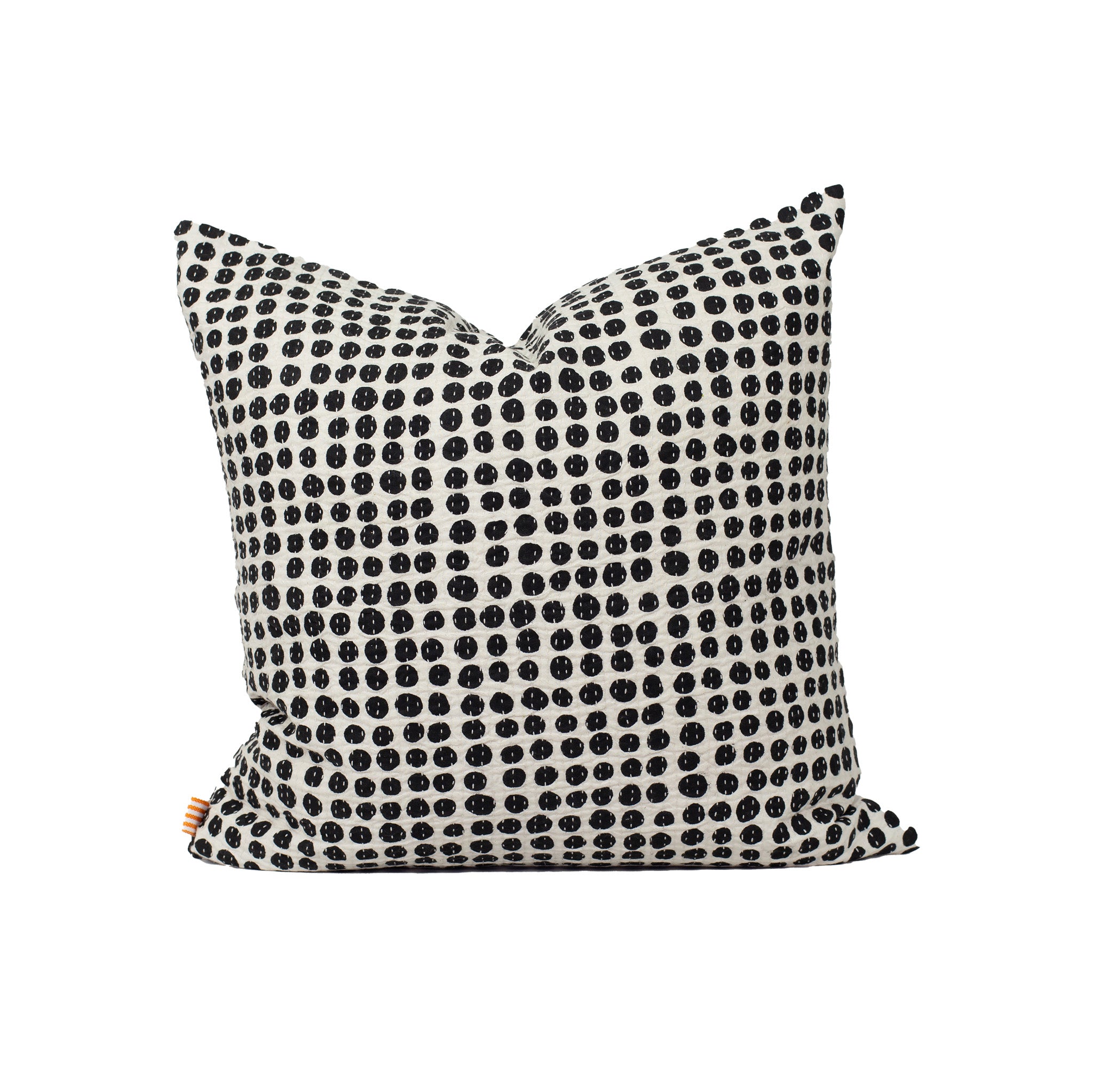 A World of Craft Dots Cushion Cover, 20x20”, white cotton with hand-printed black dots and kantha stitching, Fair Trade handmade in Bangladesh.