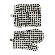 A World of Craft Dots Oven Mitt and Potholder in black and white spotted print, Fair Trade cotton with padded polyester fill.