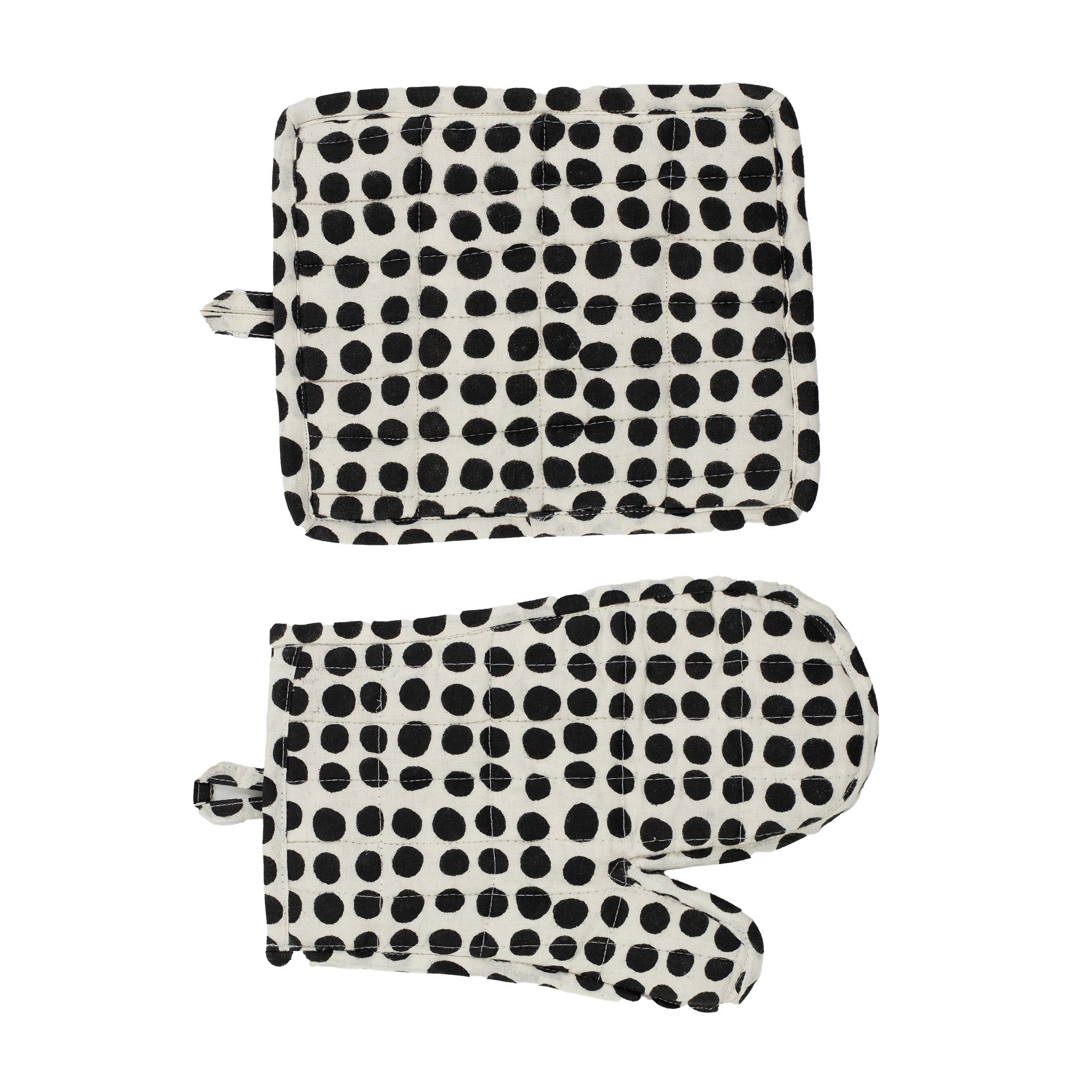 A World of Craft Dots Oven Mitt and Potholder in black and white spotted print, Fair Trade cotton with padded polyester fill.