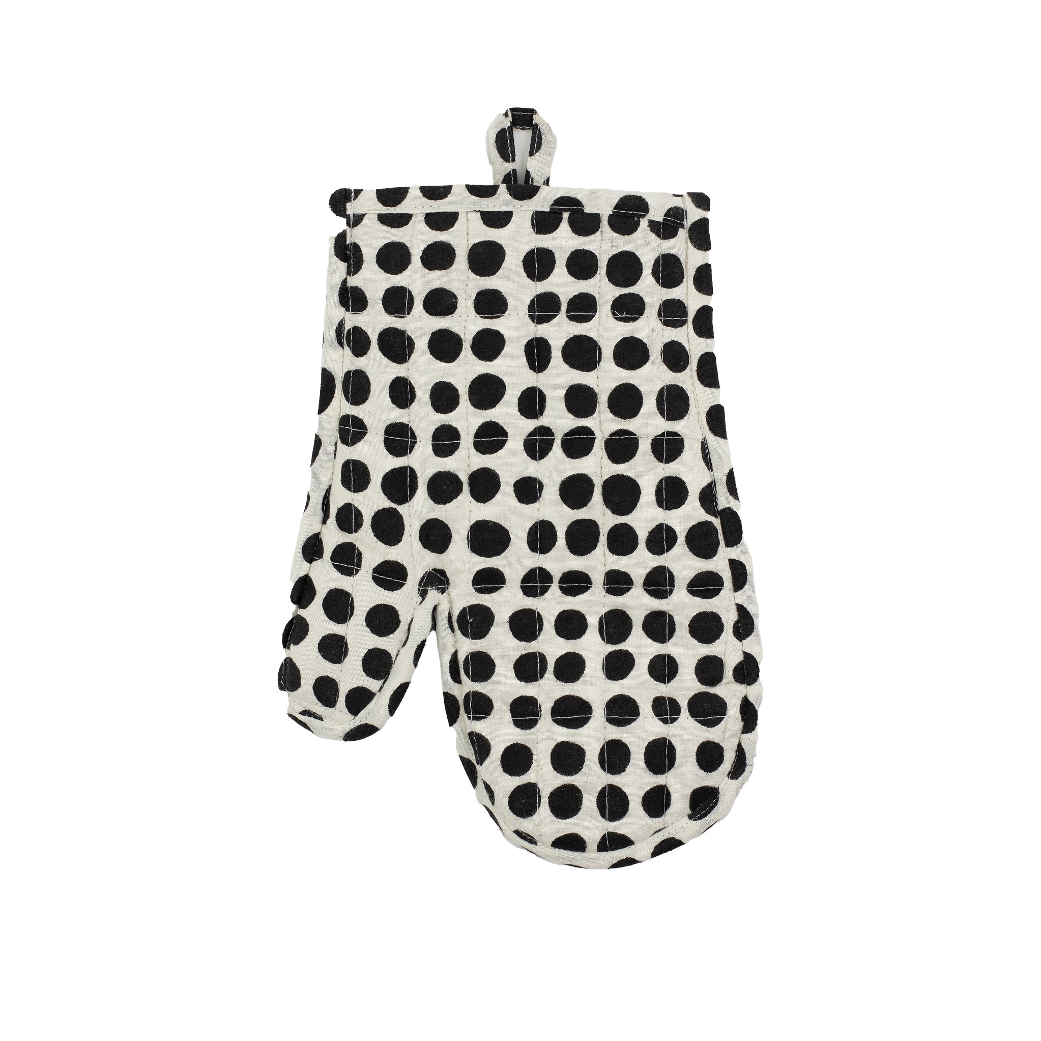 A World of Craft Dots Oven Mitt and Potholder in black and white spotted print, Fair Trade cotton with padded polyester fill.