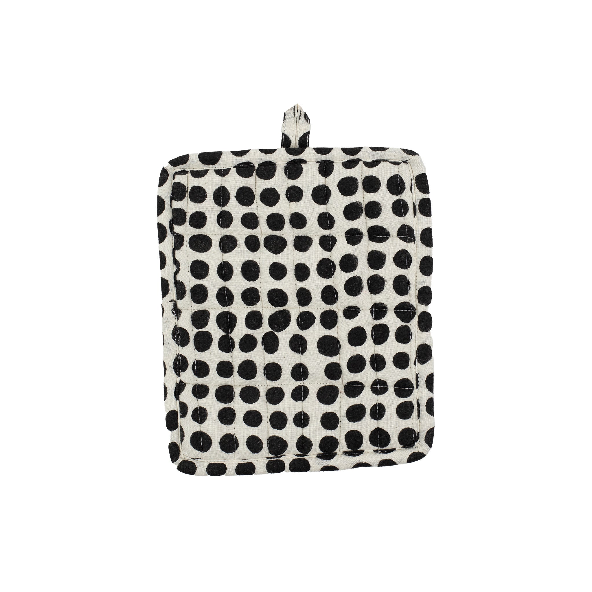 A World of Craft Dots Oven Mitt and Potholder in black and white spotted print, Fair Trade cotton with padded polyester fill.
