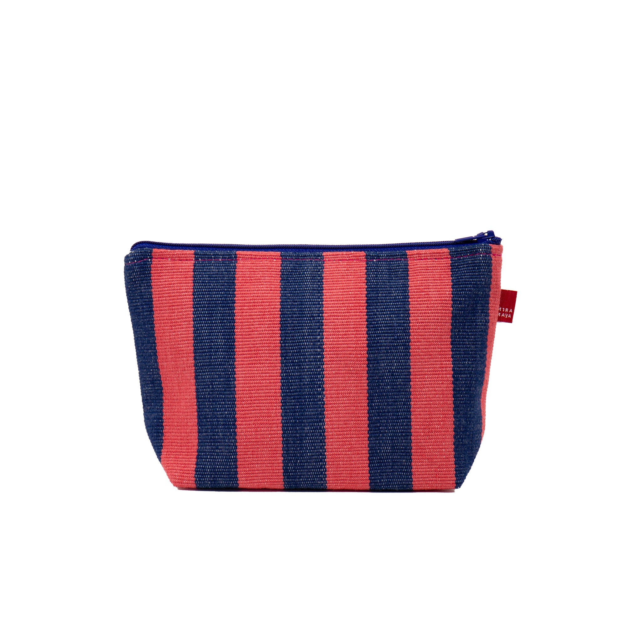 Enriqua Toilet Bag by A World of Craft in bold blue-and-pink handwoven cotton stripes with nylon lining, Fair Trade handmade in Guatemala—large enough for toiletries or to carry as a clutch with your phone.