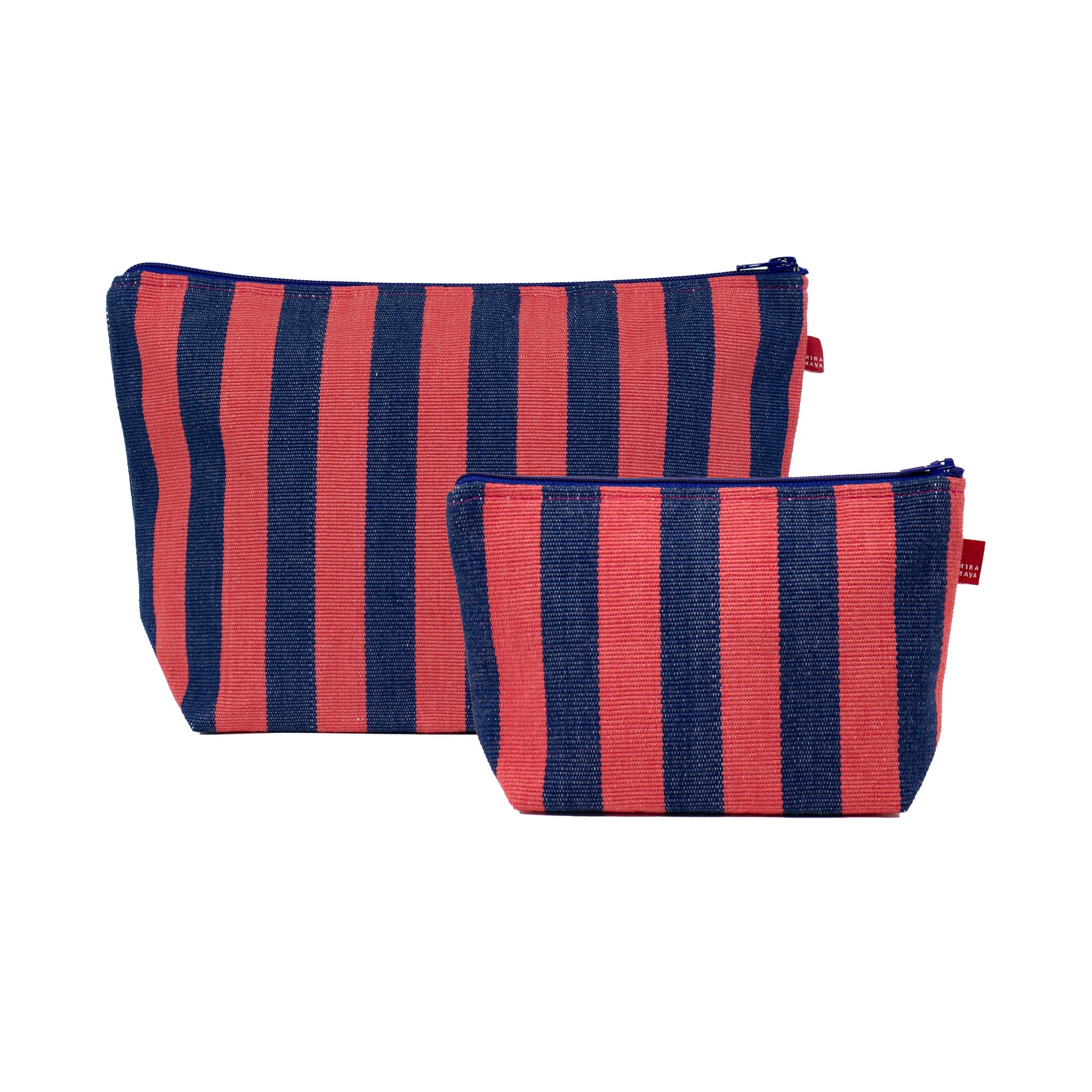 Enriqua Toilet Bag by A World of Craft in bold blue-and-pink handwoven cotton stripes with nylon lining, Fair Trade handmade in Guatemala—large enough for toiletries or to carry as a clutch with your phone.
