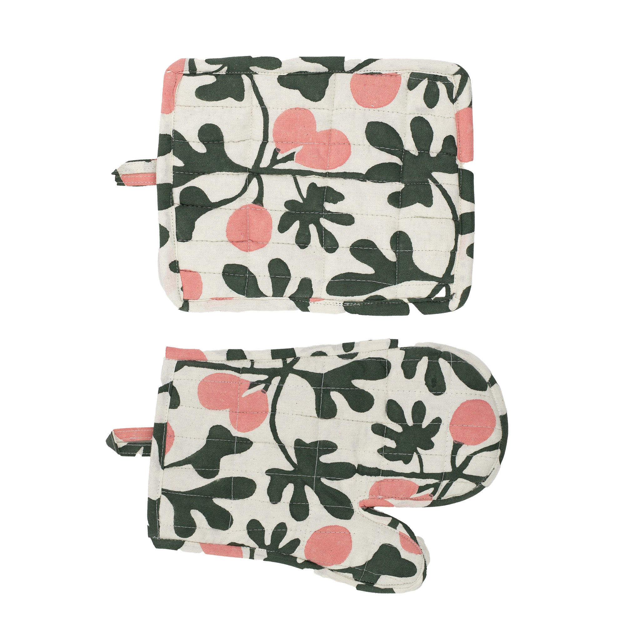 Fig Oven Mitt and Potholder set in green and pink fig print. Hand-printed cotton with padded polyester fill. Handmade Fair Trade in Bangladesh.