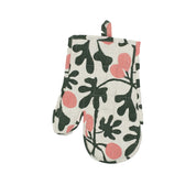 Fig Oven Mitt and Potholder set in green and pink fig print. Hand-printed cotton with padded polyester fill. Handmade Fair Trade in Bangladesh.