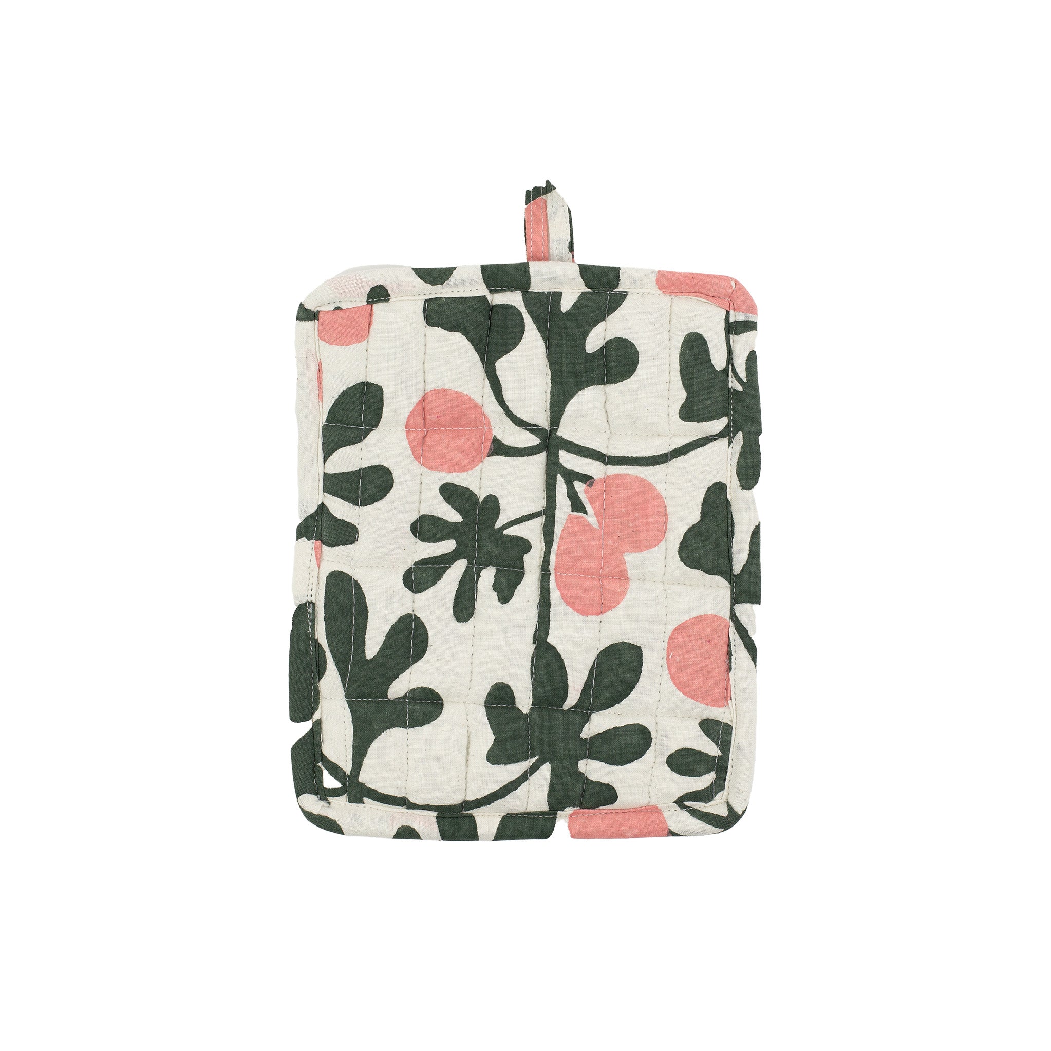 Fig Oven Mitt and Potholder set in green and pink fig print. Hand-printed cotton with padded polyester fill. Handmade Fair Trade in Bangladesh.
