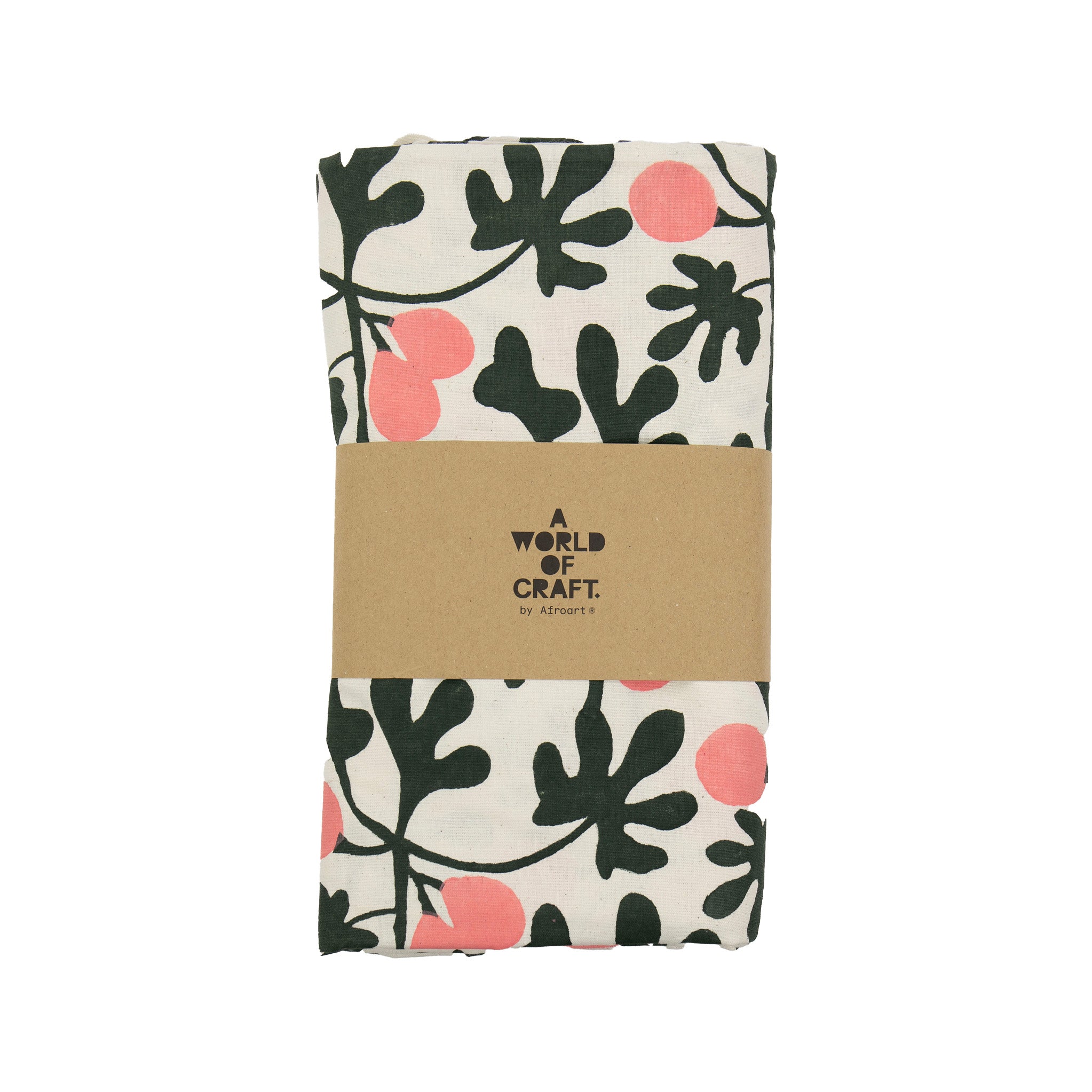 A World of Craft Fig Tablecloth, 140 × 260 cm, in green and pink botanical print. Hand block-printed cotton, Fair Trade from Bangladesh.