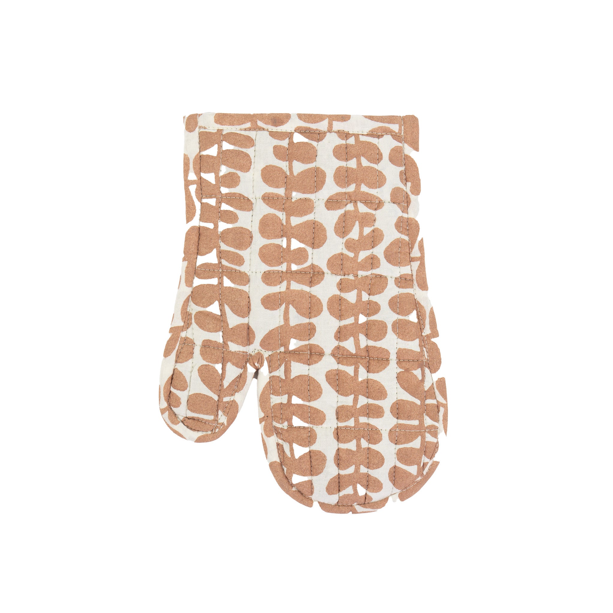 A World of Craft Foliage oven mitt and potholder in pink and off-white block print cotton with padded insulation. Handmade & Fair Trade in Bangladesh.